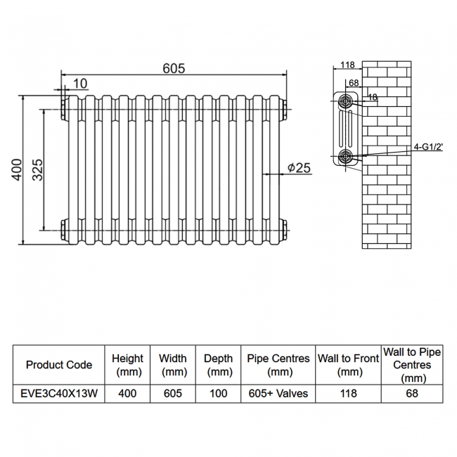 MaxHeat Evesham White 3-Column Horizontal Radiator 400mm (H) x 605mm (W)  | Dimension Image