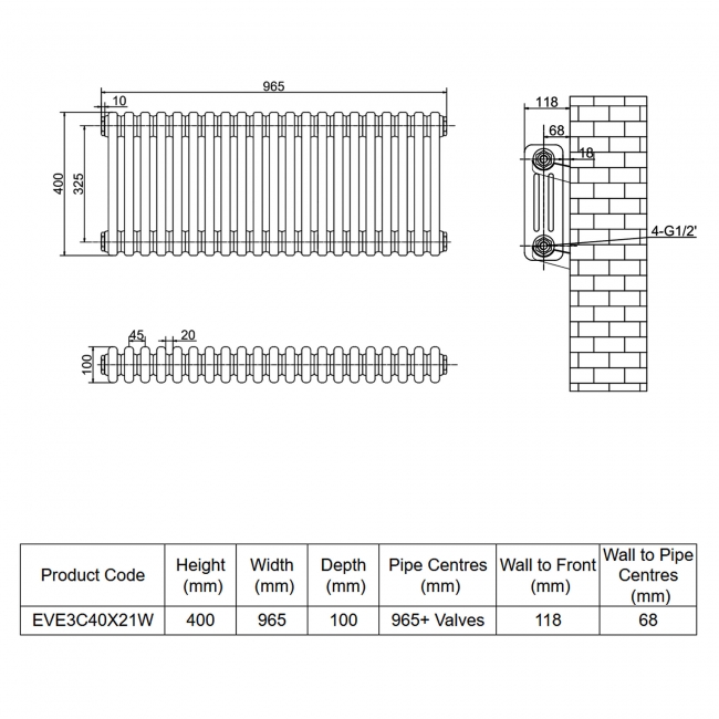MaxHeat Evesham White 3-Column Horizontal Radiator 400mm (H) x 965mm (W)  | Dimension Image