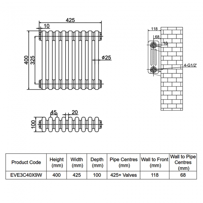 MaxHeat Evesham White 3-Column Horizontal Radiator 400mm (H) x 425mm (W)  | Dimension Image