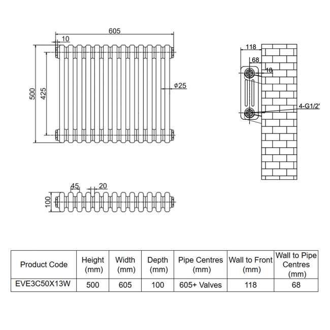 MaxHeat Evesham White 3-Column Horizontal Radiator 500mm (H) x 605mm (W)  | Dimension Image