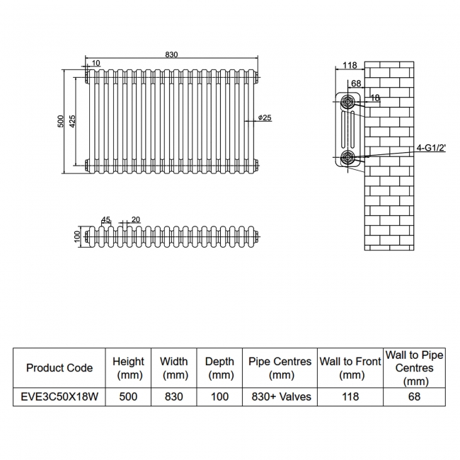 MaxHeat Evesham White 3-Column Horizontal Radiator 500mm (H) x 830mm (W)  | Dimension Image
