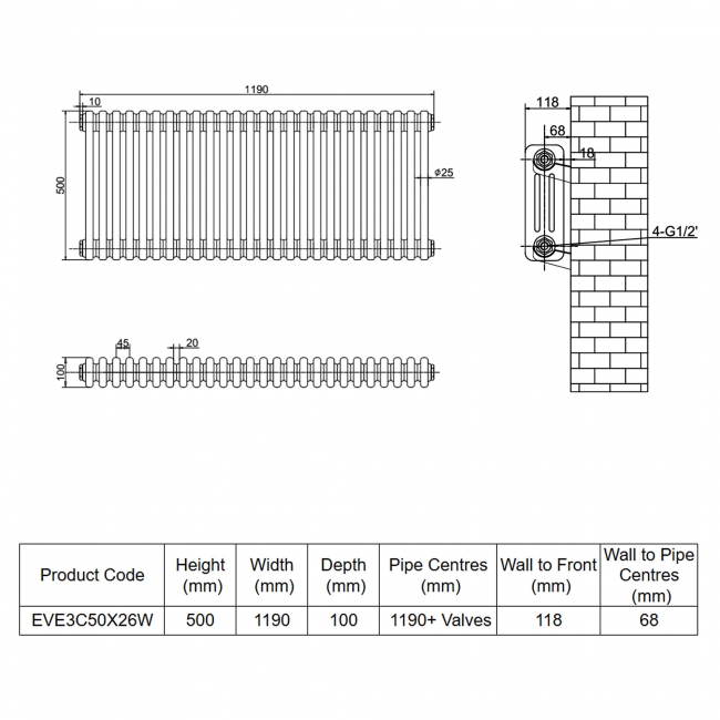 MaxHeat Evesham White 3-Column Horizontal Radiator 500mm (H) x 1190mm (W)  | Dimension Image