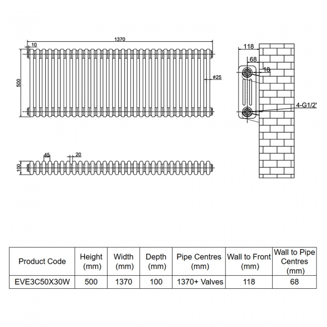 MaxHeat Evesham White 3-Column Horizontal Radiator 500mm (H) x 1370mm (W)  | Dimension Image