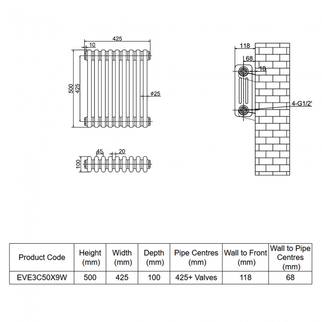 MaxHeat Evesham White 3-Column Horizontal Radiator 500mm (H) x 425mm (W)  | Dimension Image