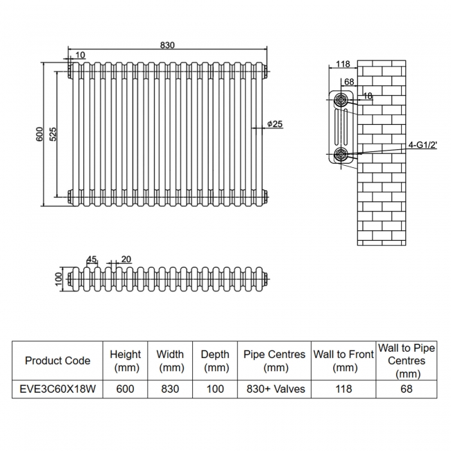 MaxHeat Evesham White 3-Column Horizontal Radiator 600mm (H) x 830mm (W)  | Dimension Image