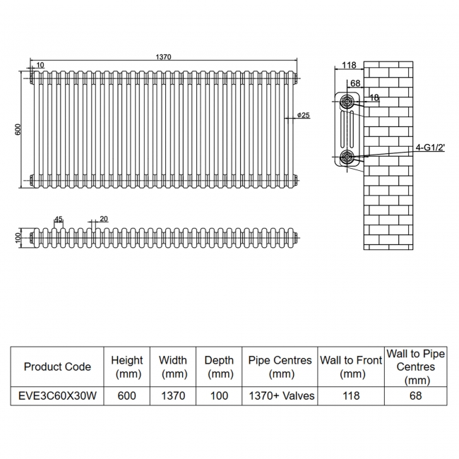 MaxHeat Evesham White 3-Column Horizontal Radiator 600mm (H) x 1370mm (W)  | Dimension Image