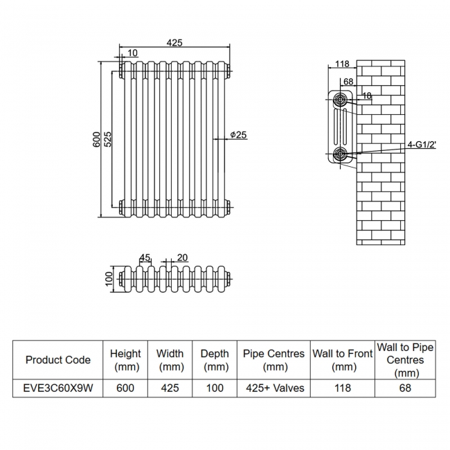 MaxHeat Evesham White 3-Column Horizontal Radiator 600mm (H) x 425mm (W)  | Dimension Image