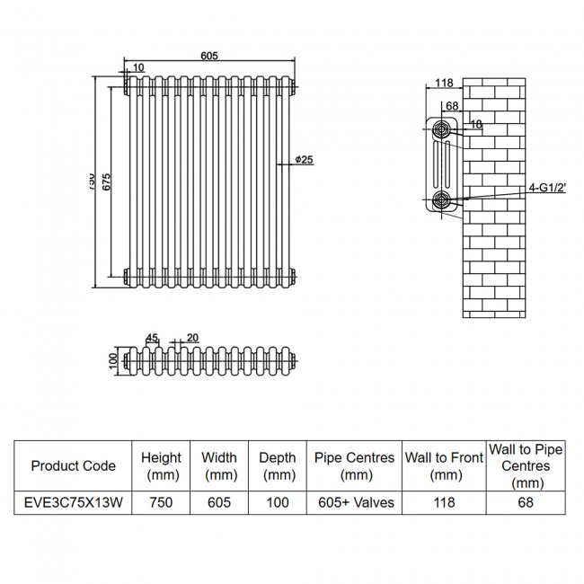 MaxHeat Evesham White 3-Column Horizontal Radiator 750mm (H) x 605mm (W)  | Dimension Image