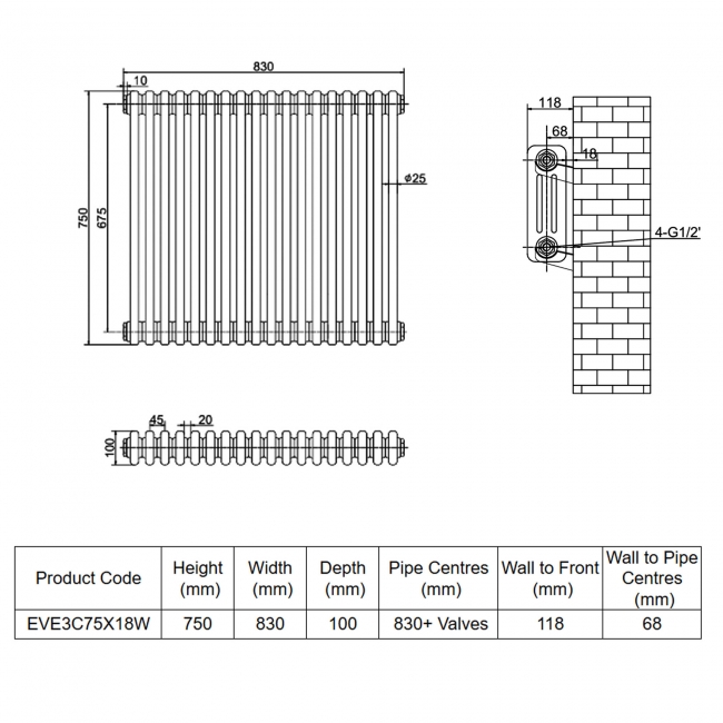 MaxHeat Evesham White 3-Column Horizontal Radiator 750mm (H) x 830mm (W)  | Dimension Image