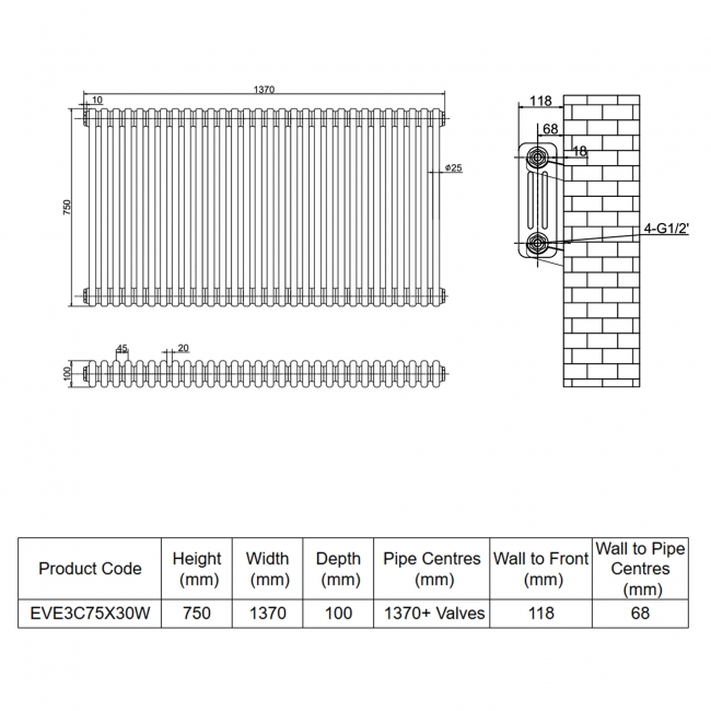 MaxHeat Evesham White 3-Column Horizontal Radiator 750mm (H) x 1370mm (W)  | Dimension Image