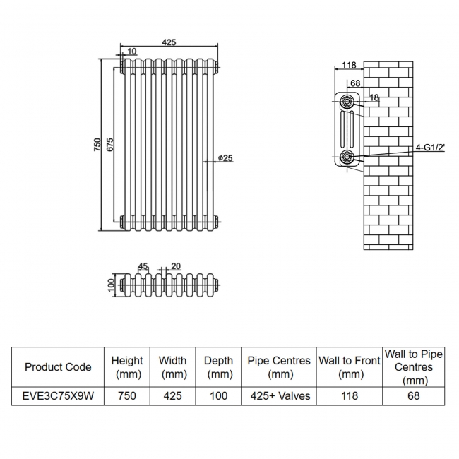 MaxHeat Evesham White 3-Column Horizontal Radiator 750mm (H) x 425mm (W)  | Dimension Image