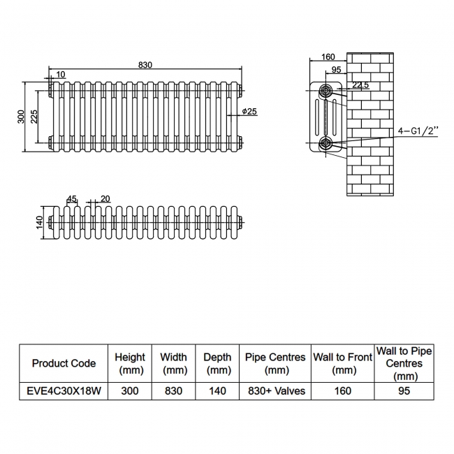 MaxHeat Evesham White 4-Column Horizontal Radiator 300mm (H) x 830mm (W)  | Dimension Image