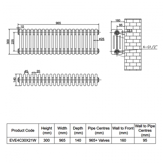 MaxHeat Evesham White 4-Column Horizontal Radiator 300mm (H) x 965mm (W)  | Dimension Image