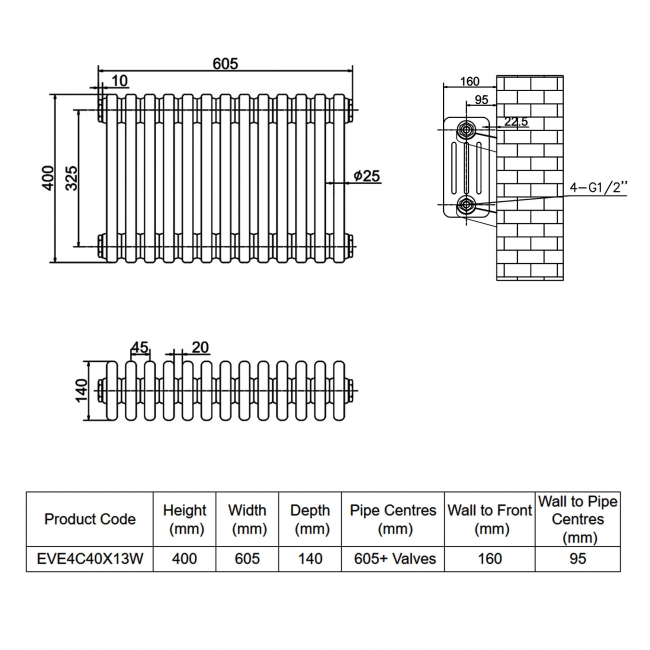 MaxHeat Evesham White 4-Column Horizontal Radiator 400mm (H) x 605mm (W)  | Dimension Image
