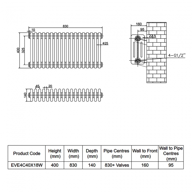 MaxHeat Evesham White 4-Column Horizontal Radiator 400mm (H) x 830mm (W)  | Dimension Image