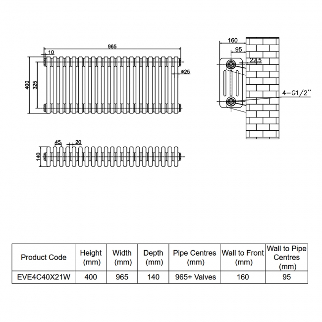 MaxHeat Evesham White 4-Column Horizontal Radiator 400mm (H) x 965mm (W)  | Dimension Image
