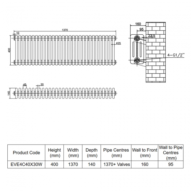 MaxHeat Evesham White 4-Column Horizontal Radiator 400mm (H) x 1370mm (W)  | Dimension Image