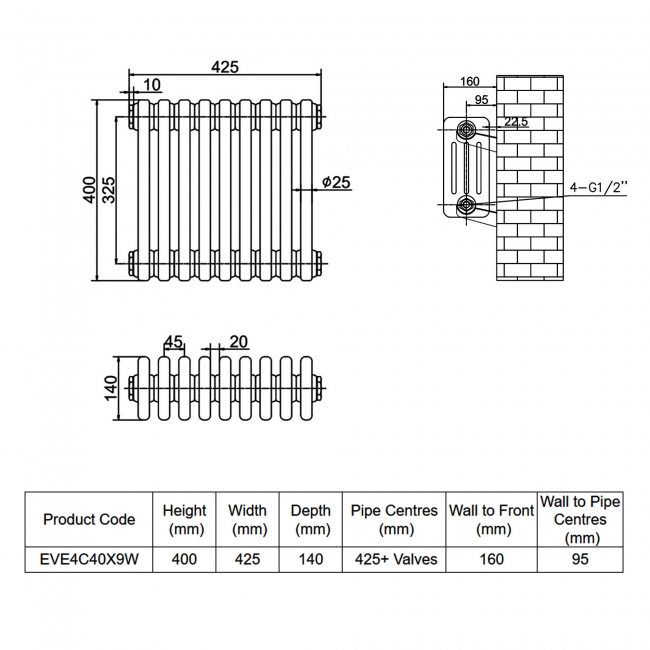 MaxHeat Evesham White 4-Column Horizontal Radiator 400mm (H) x 425mm (W)  | Dimension Image
