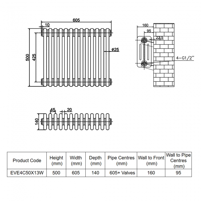MaxHeat Evesham White 4-Column Horizontal Radiator 500mm (H) x 605mm (W)  | Dimension Image