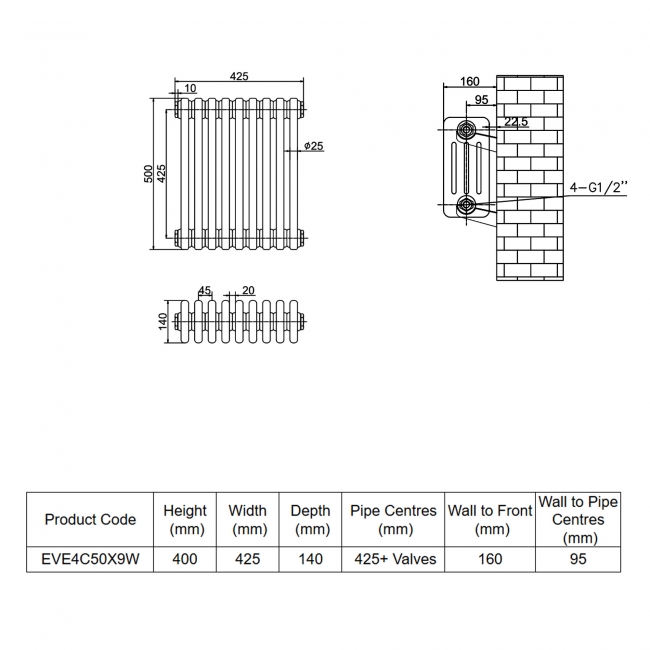 MaxHeat Evesham White 4-Column Horizontal Radiator 500mm (H) x 425mm (W)  | Dimension Image