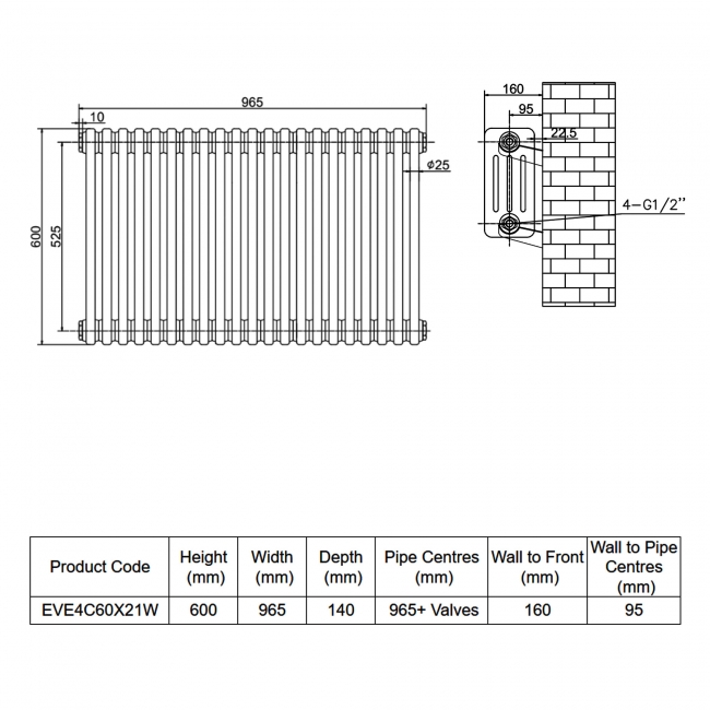 MaxHeat Evesham White 4-Column Horizontal Radiator 600mm (H) x 965mm (W)  | Dimension Image