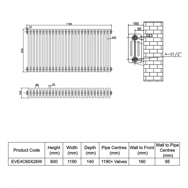 MaxHeat Evesham White 4-Column Horizontal Radiator 600mm (H) x 1190mm (W)  | Dimension Image