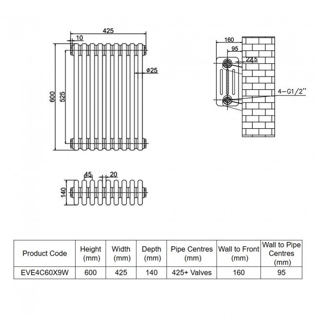 MaxHeat Evesham White 4-Column Horizontal Radiator 600mm (H) x 425mm (W)  | Dimension Image