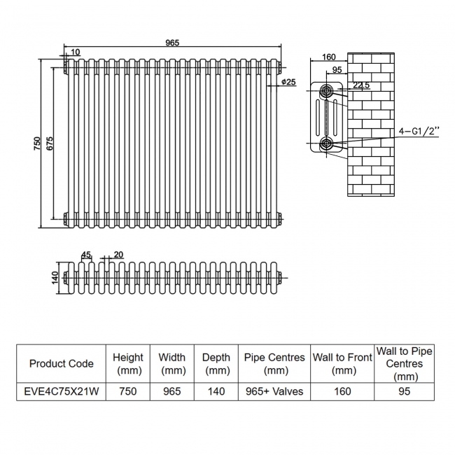 MaxHeat Evesham White 4-Column Horizontal Radiator 750mm (H) x 965mm (W)  | Dimension Image