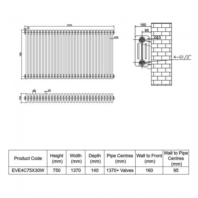 MaxHeat Evesham White 4-Column Horizontal Radiator 750mm (H) x 1370mm (W)  | Dimension Image