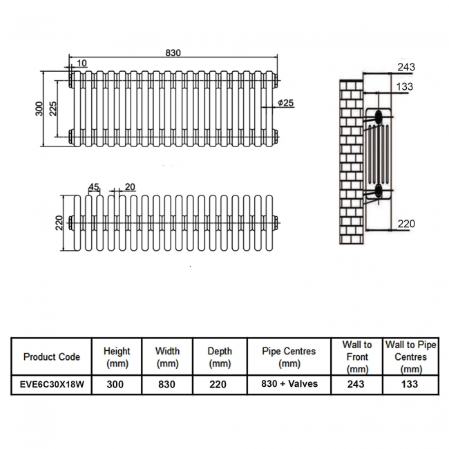 MaxHeat Evesham White 6-Column Horizontal Radiator 300mm (H) x 830mm (W)  | Dimension Image