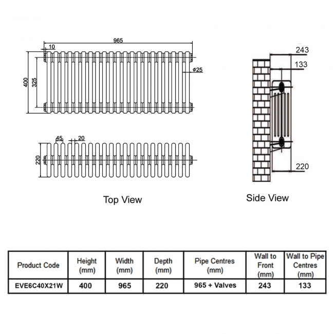 MaxHeat Evesham White 6-Column Horizontal Radiator 400mm (H) x 965mm (W)  | Dimension Image