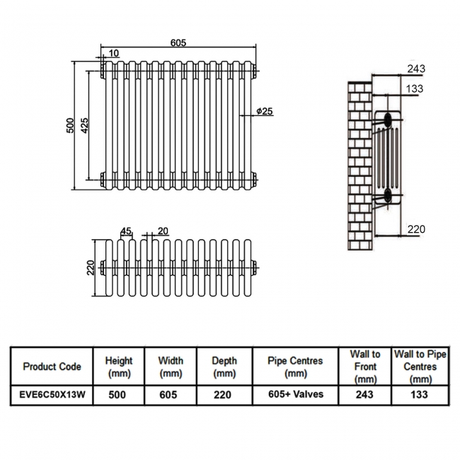 MaxHeat Evesham White 6-Column Horizontal Radiator 500mm (H) x 605mm (W)  | Dimension Image