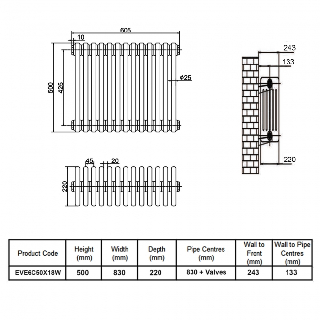 MaxHeat Evesham White 6-Column Horizontal Radiator 500mm (H) x 830mm (W)  | Dimension Image