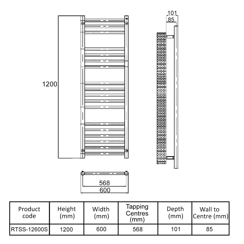 MaxHeat Falmouth Straight Heated Towel Rail 1200mm H x 600mm W Stainless Steel