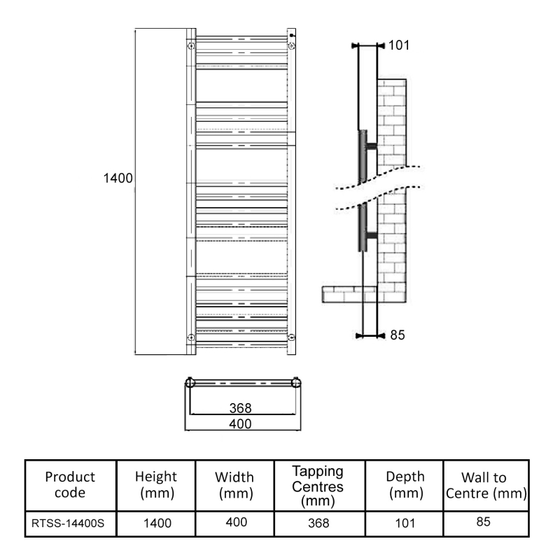 MaxHeat Falmouth Straight Towel Rail 1400mm High x 400mm Wide Polished Stainless Steel