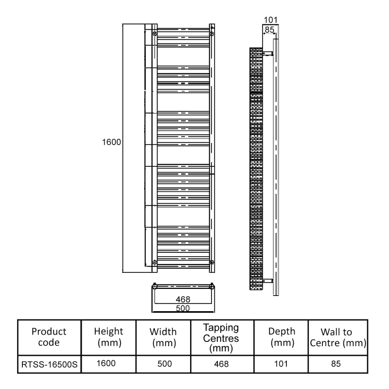 MaxHeat Falmouth Straight Heated Towel Rail 1600mm H x 500mm W Stainless Steel