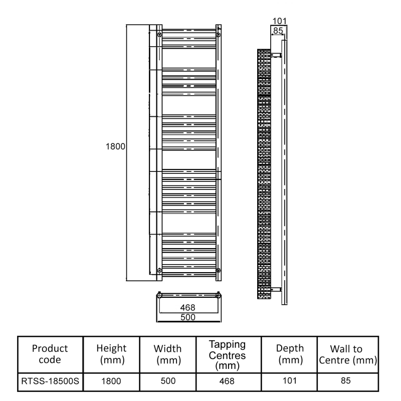 MaxHeat Falmouth Straight Towel Rail 1800mm High x 500mm Wide Polished Stainless Steel