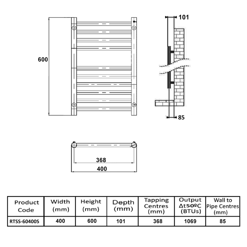 MaxHeat Falmouth Straight Towel Rail 600mm High x 400mm Wide Polished Stainless Steel