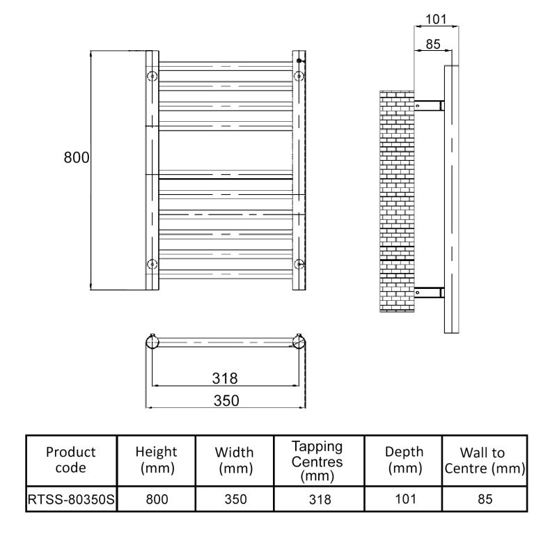 MaxHeat Falmouth Straight Heated Towel Rail 800mm H x 350mm W Stainless Steel