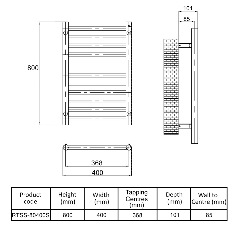 MaxHeat Falmouth Straight Towel Rail 800mm High x 400mm Wide Polished Stainless Steel
