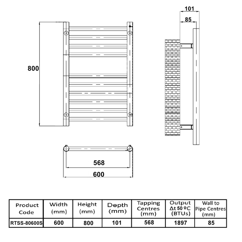 MaxHeat Falmouth Straight Heated Towel Rail 800mm H x 600mm W Stainless Steel