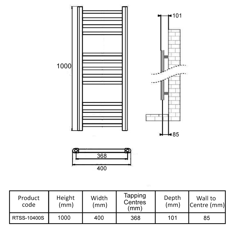 MaxHeat Falmouth Straight Towel Rail 1000mm High x 400mm Wide Polished Stainless Steel