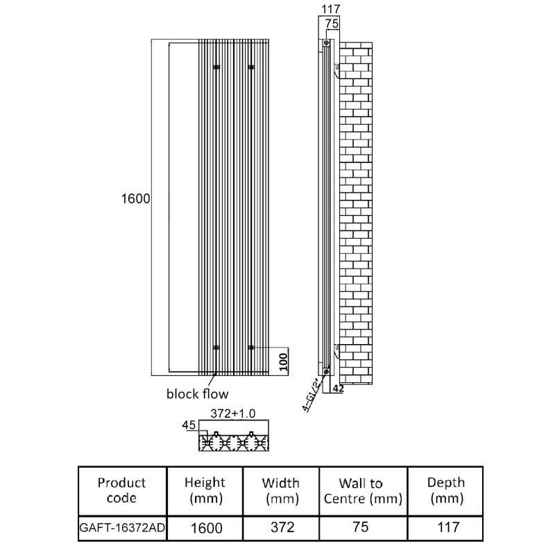 MaxHeat Tempo Double Designer Vertical Radiator 1600mm H x 372mm W - Black