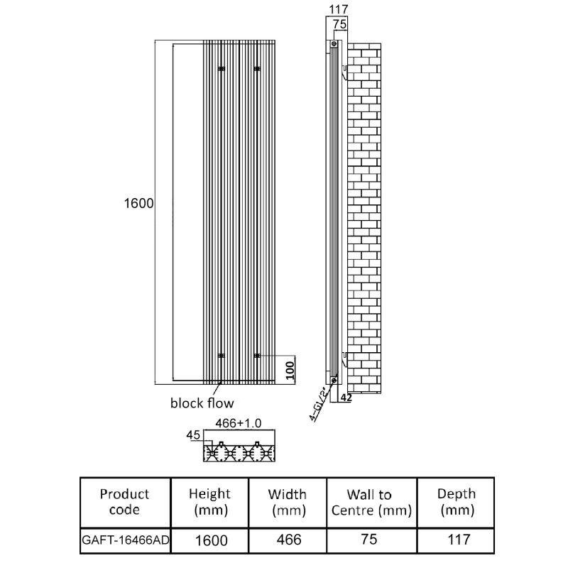 MaxHeat Tempo Double Designer Vertical Radiator 1600mm H x 466mm W - Anthracite