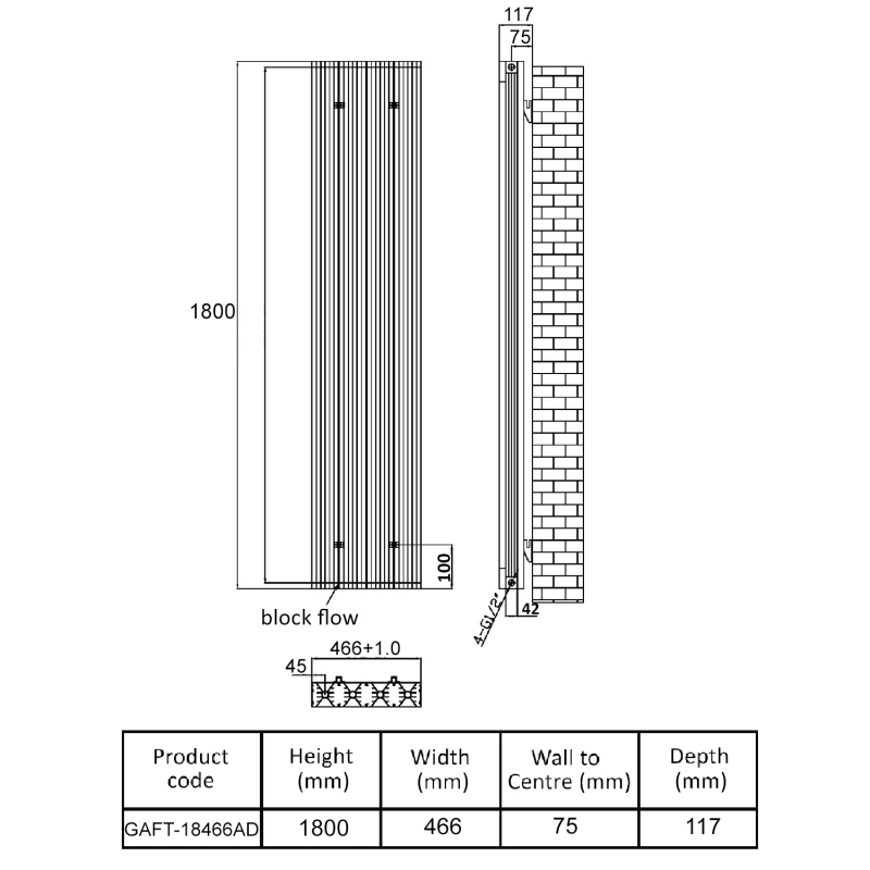 MaxHeat Tempo Double Designer Vertical Radiator 1800mm H x 466mm W - White