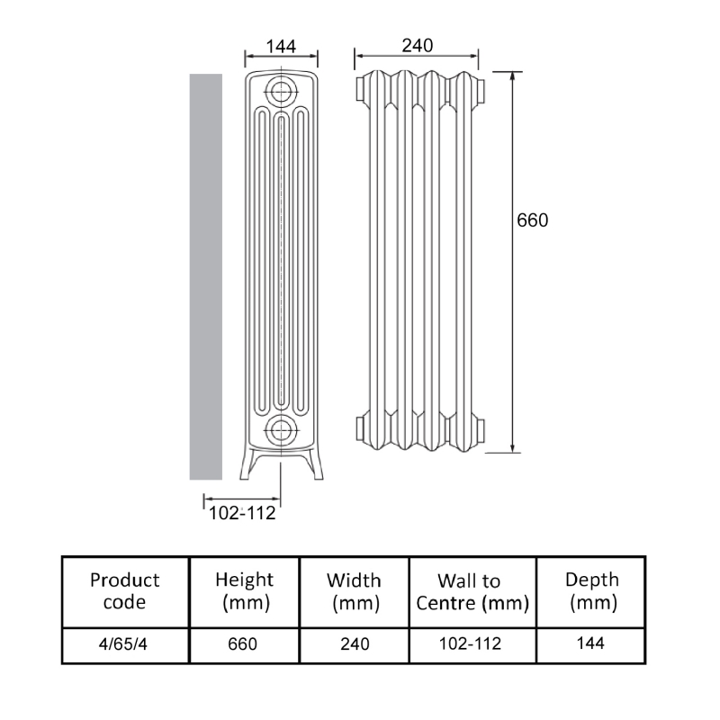MaxHeat Heritage 4 Column Cast Iron Radiator 660mm High x 300mm Wide - 5 Sections Primer Finish