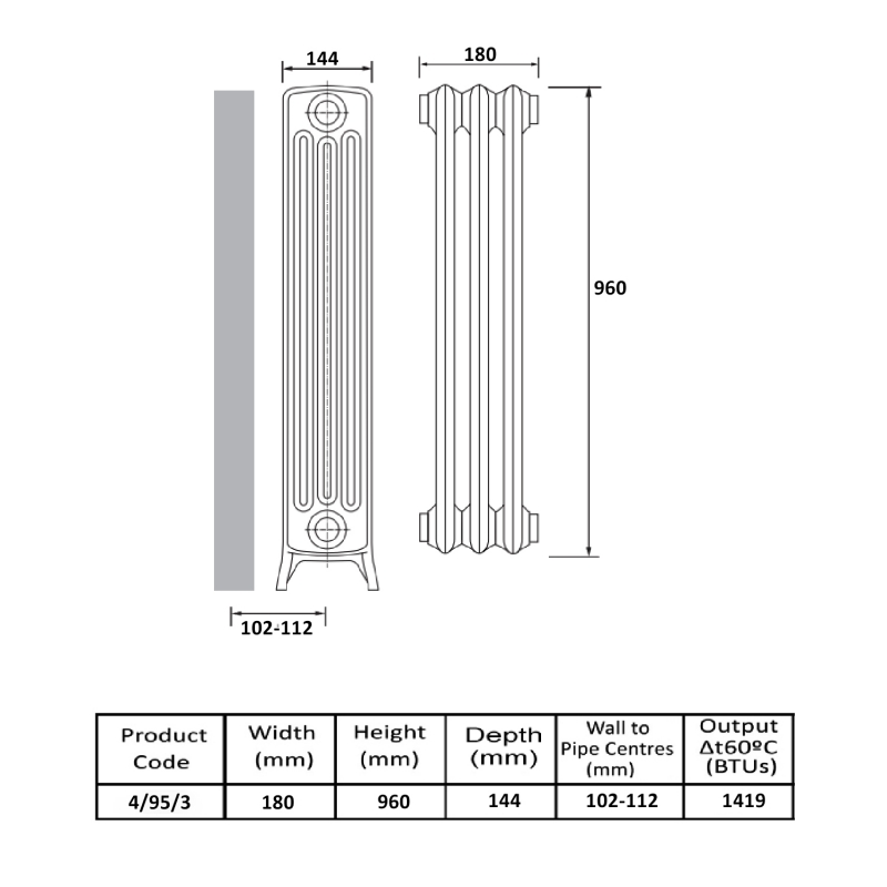 MaxHeat Heritage 4 Column Cast Iron Radiator 960mm High x 180mm Wide - 3 Sections Primer Finish