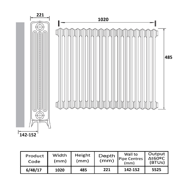 MaxHeat Heritage 6-Column Cast Iron Radiator 485mm High x 1020mm Wide - 17 Sections Primer Finish