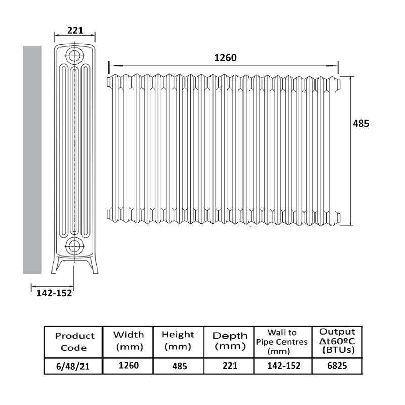 Prestige Heritage 6-Column Cast Iron Radiator 485mm High x 1260mm Wide - 21 Sections Primer Finish