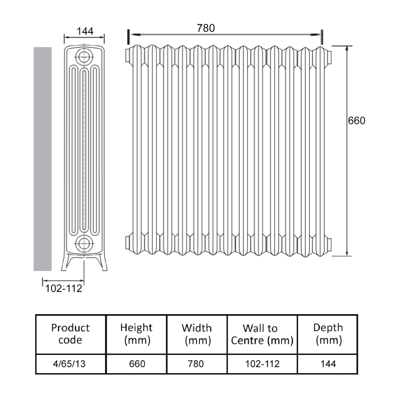 MaxHeat Heritage 4-Column Cast Iron Radiator 660mm High x 780mm Wide - 13 Sections Primer Finish
